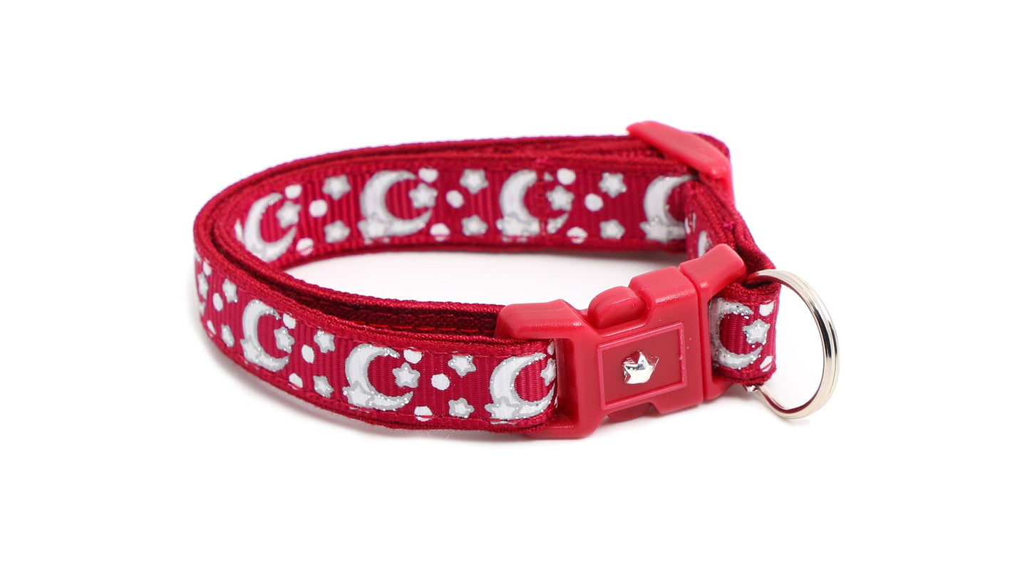 Silver Moons and Stars on Dark Red Cat Collar
