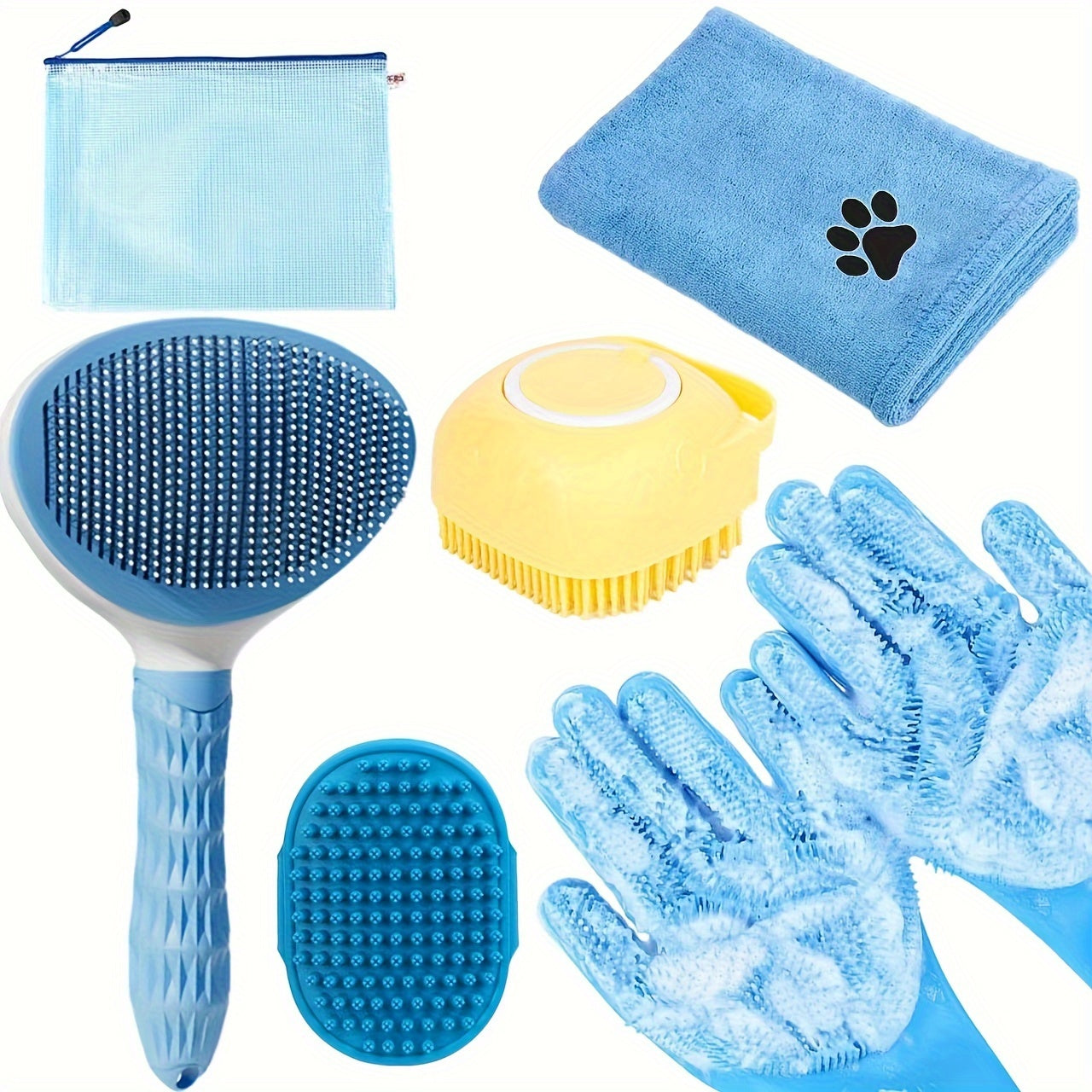 Dog Bath Brush Grooming Kit 6pcs with Gloves & Towel