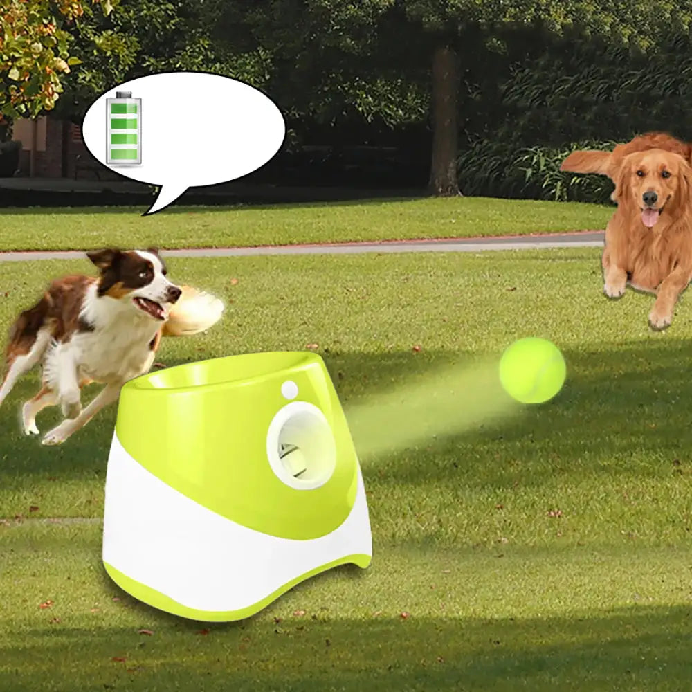 Automatic Tennis Ball Launcher in green and white shooting a tennis ball on a grassy field as two dogs chase after it. Ideal for pet play and solo training.