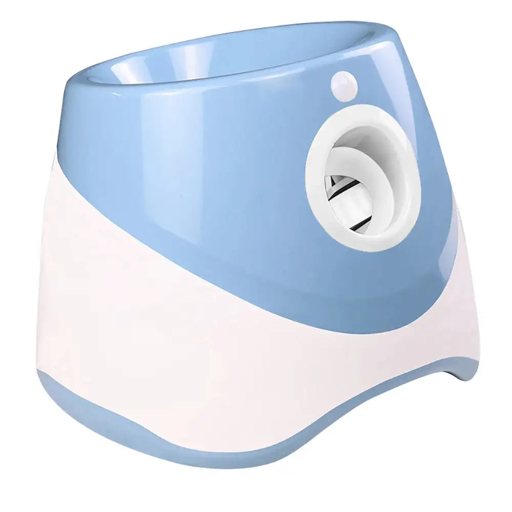 Automatic Tennis Ball Launcher in sleek blue and white design, ideal for solo tennis practice or interactive pet play sessions.