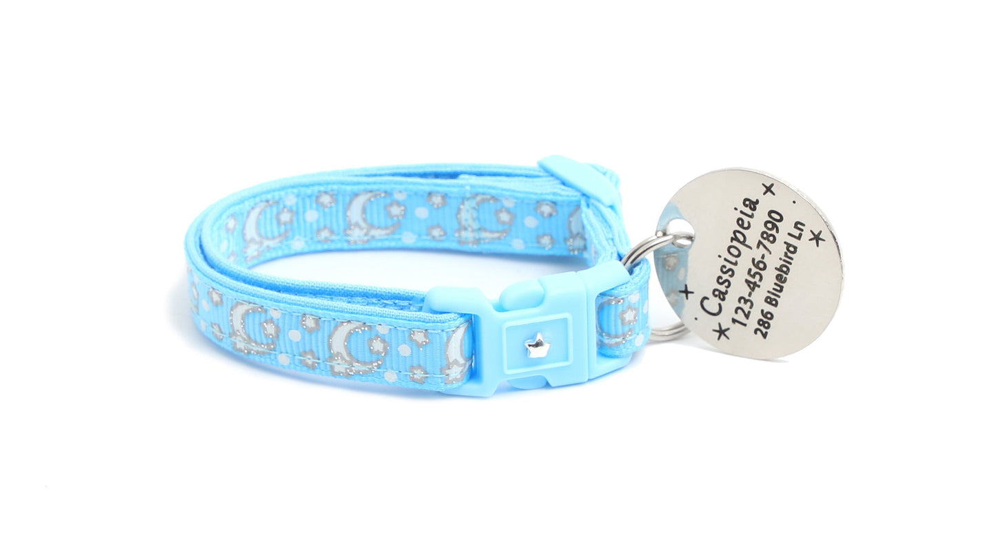 Silver Moons and Stars on Powder Blue Cat Collar