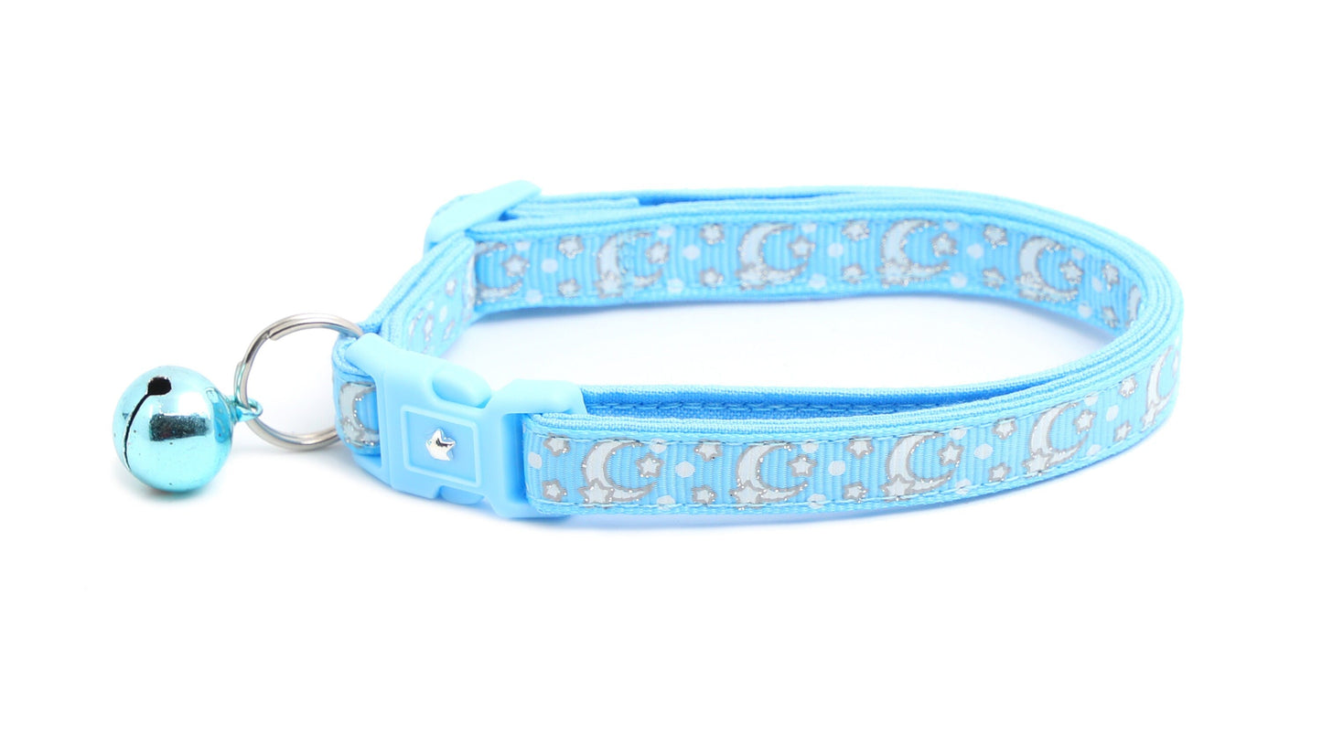 Silver Moons and Stars on Powder Blue Cat Collar