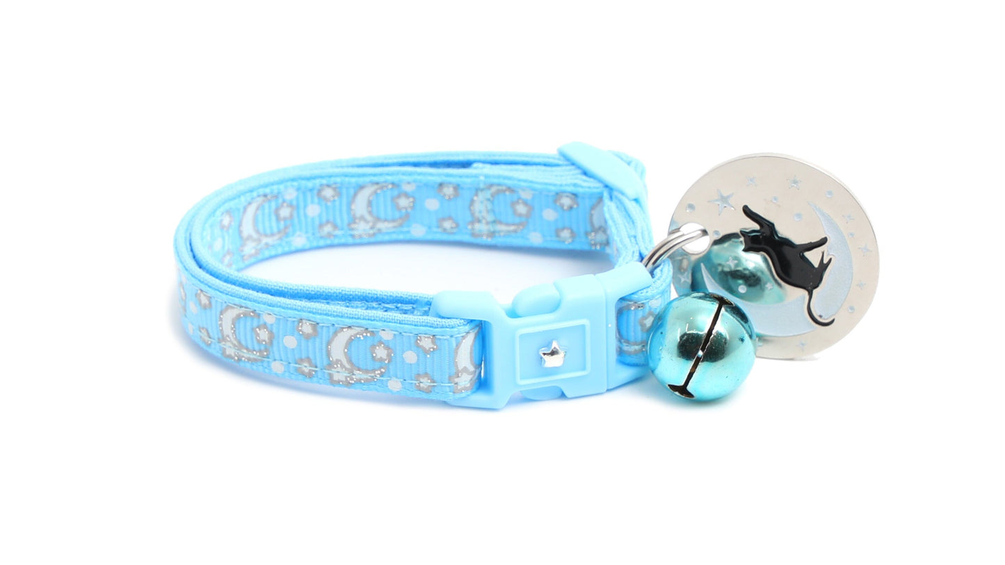 Silver Moons and Stars on Powder Blue Cat Collar