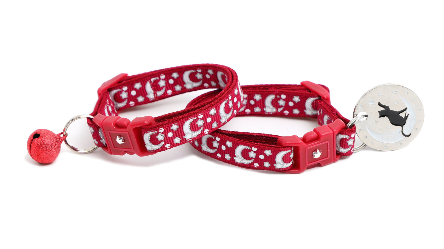 Silver Moons and Stars on Dark Red Cat Collar