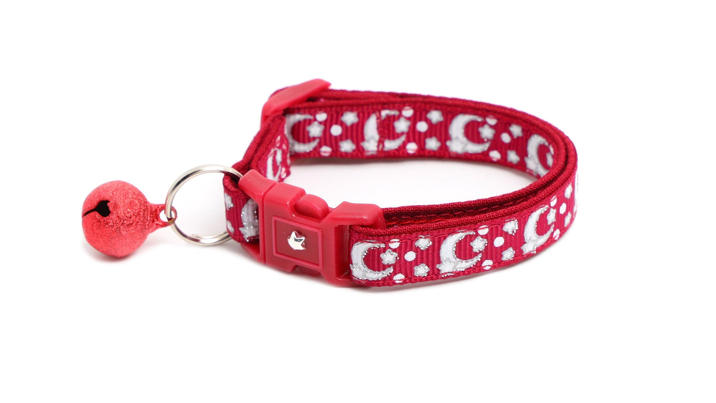 Silver Moons and Stars on Dark Red Cat Collar