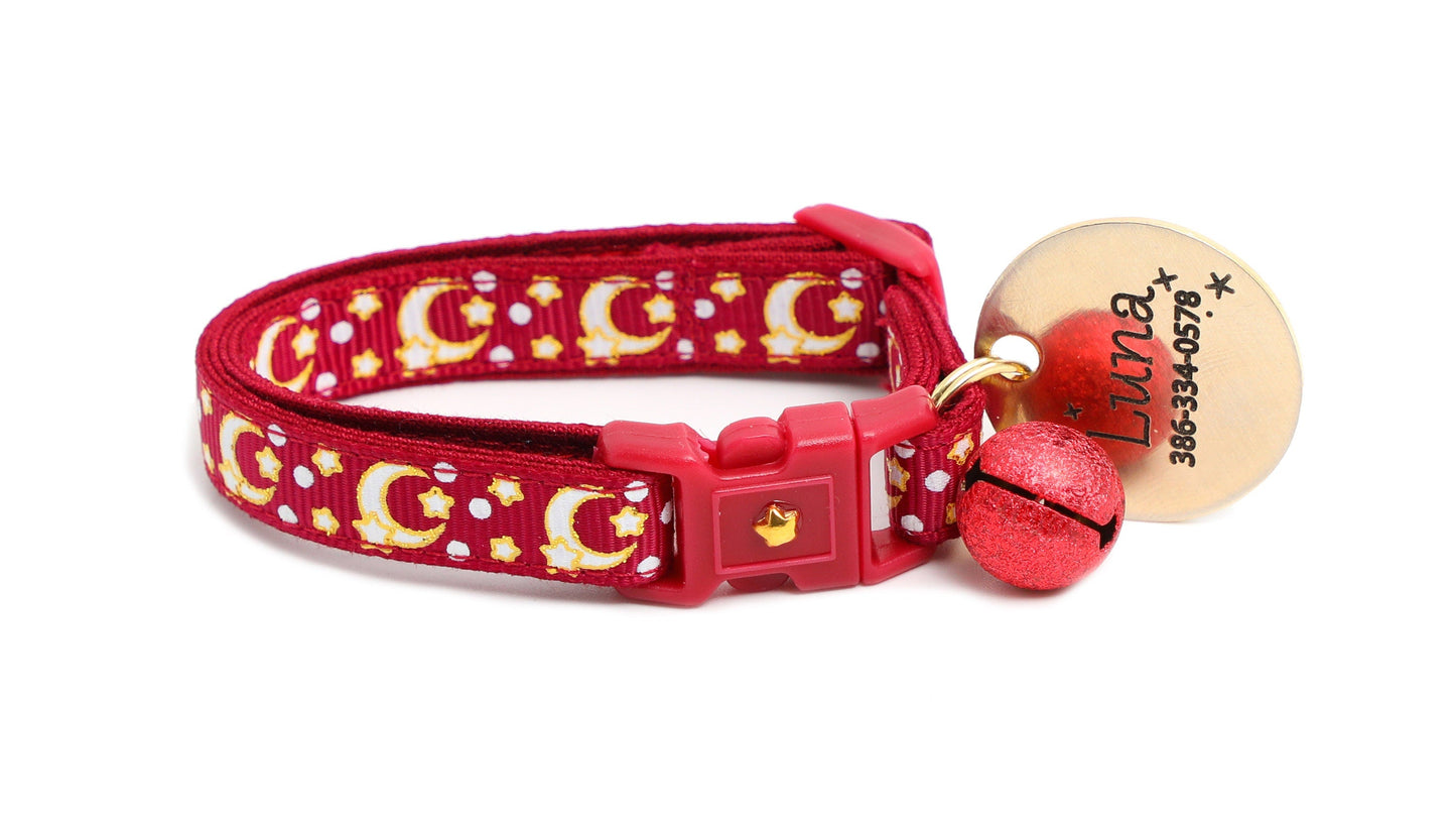 Gold Moons and Stars on Dark Red Cat Collar