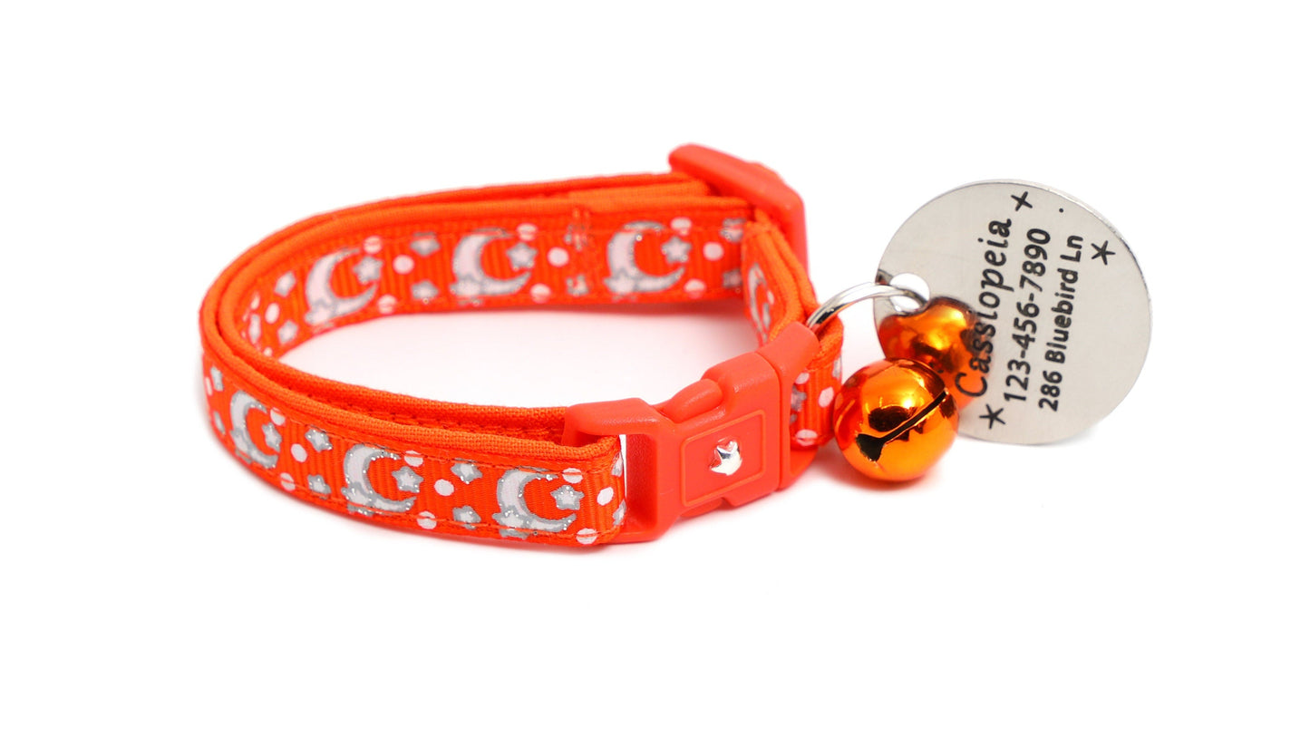 Silver Moons and Stars on Orange Cat Collar