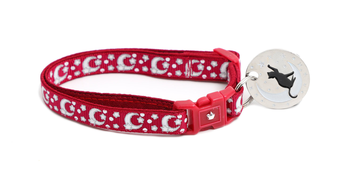 Silver Moons and Stars on Dark Red Cat Collar