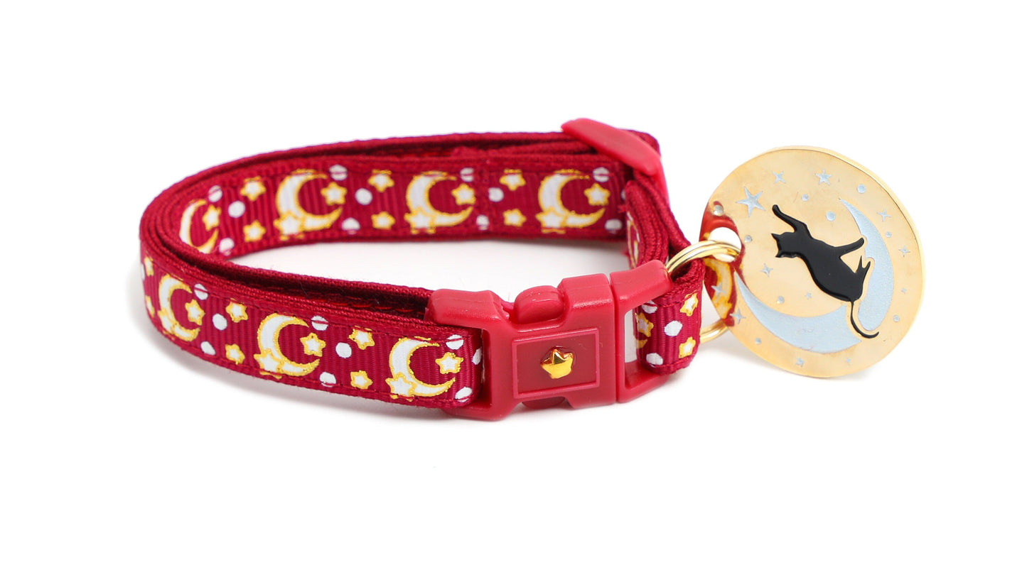 Gold Moons and Stars on Dark Red Cat Collar