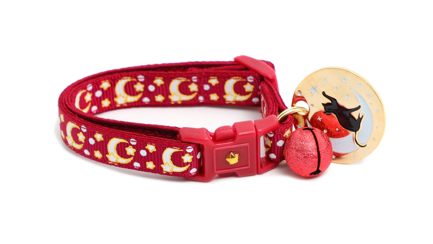 Gold Moons and Stars on Dark Red Cat Collar