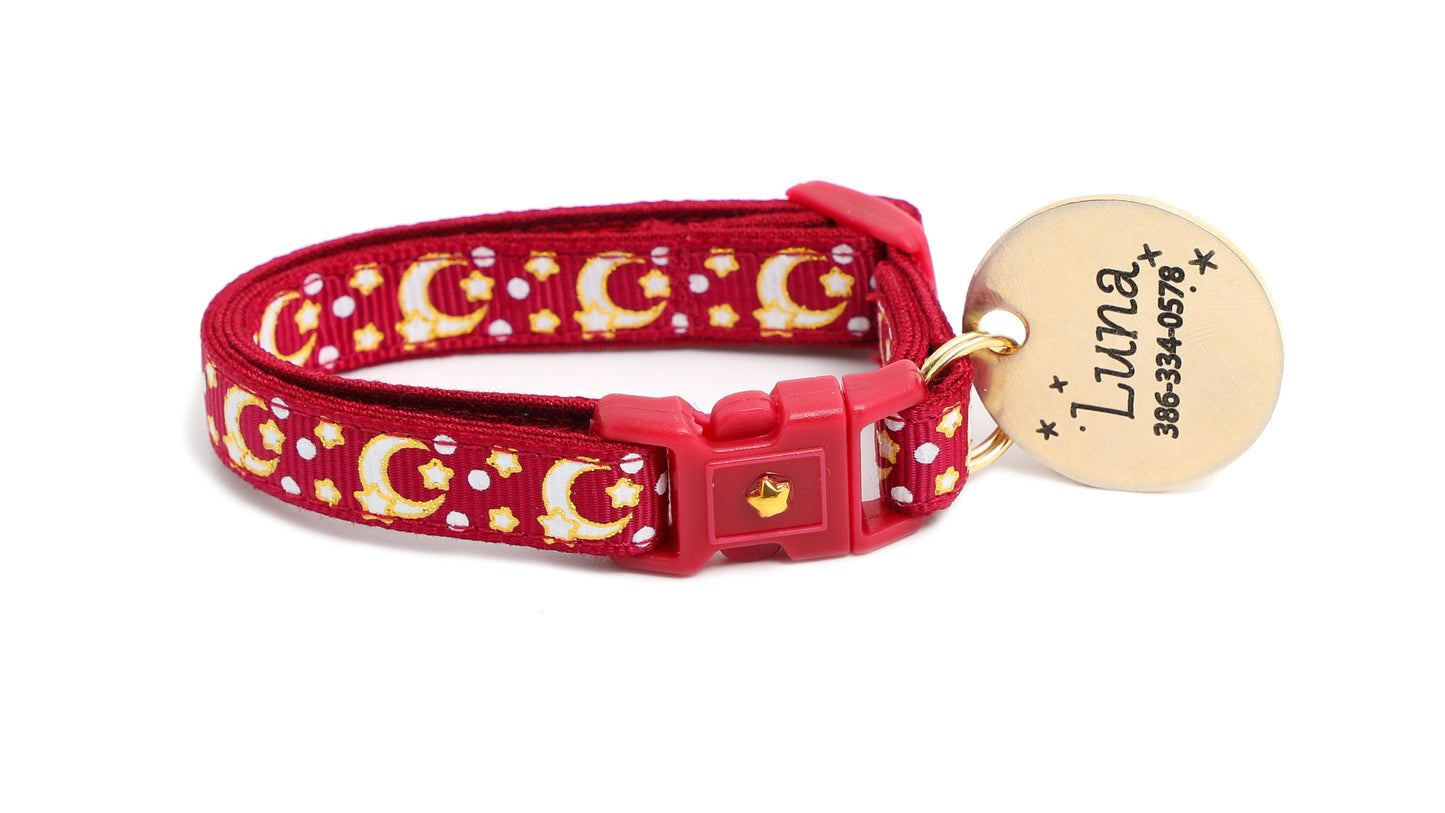 Gold Moons and Stars on Dark Red Cat Collar