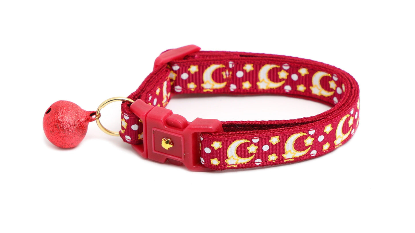 Gold Moons and Stars on Dark Red Cat Collar