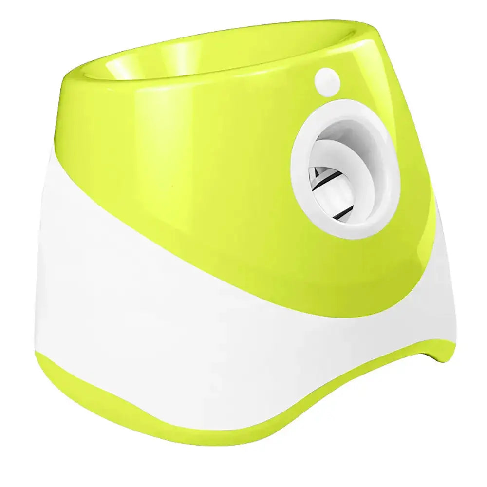 Automatic Tennis Ball Launcher in lime green and white, designed for solo tennis training or pet play. Features a ball launch opening on the front.