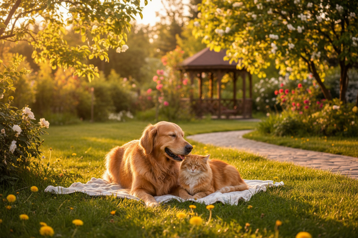 Varmt utendørsbilde med hund og katt